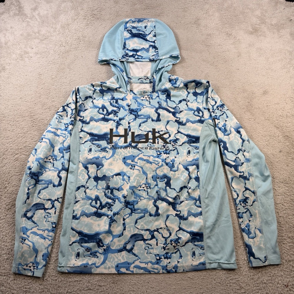 Huk Shirt Mens Small Blue Camo Hooded Long Sleeve Fishing Performance UPF Active